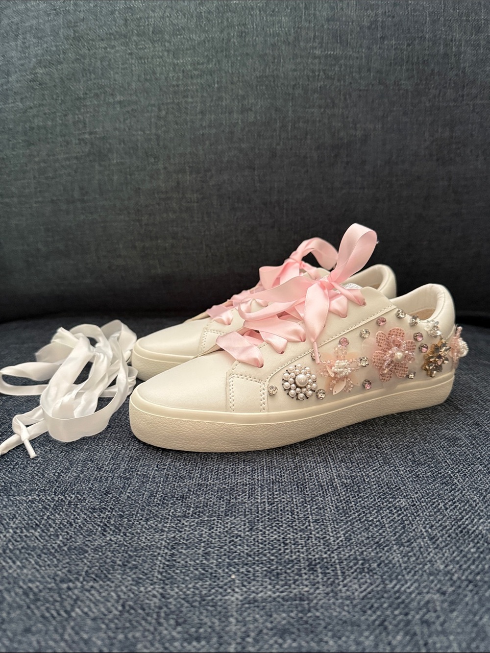 Vintage Havana white Sneakers with Pink Floral Embellishments
